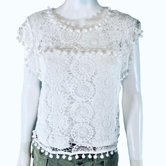Lace Embroidered Short Sleeve Pom Pom Blouse White Coquette - Picture 10 of 10